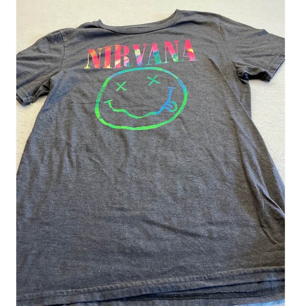 Nirvana Graphic T-Shirt Neon Rainbow Smiley Face Logo Charcoal Gray M 90s Style